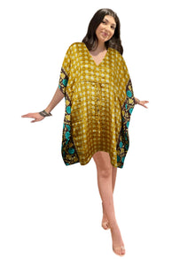  Women’s Gold Checkered Short Kaftan – Boho Beach Coverup & Stylish Housedress L-2X