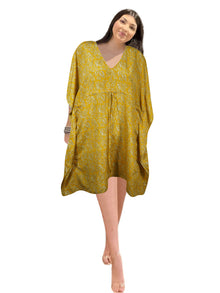 Women’s Sun-Gold Yellow Short Kaftan – Floral Beach Coverup & Stylish Leisure Wear  L-2X