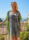 Women’s Gray Green Floral Boho Kaftan – Short Lounge Dress, Beach Cover-Up & Party Wear L-2X