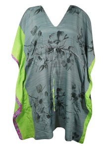  Women Gray Green Floral Boho Chic Kaftan Leisure Wear, Housedress, pool, party, Stylish Short Caftan  L-2X