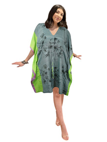  Women’s Gray Green Floral Boho Kaftan – Stylish Short Lounge Dress, Party Wear & Beach  L-2X