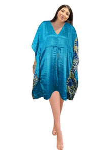  Women’s Boho Blue Short Kaftan – Stylish Summer Lounge Wear & Beach Coverup L-2X
