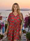 Boho Red Floral Kaftan – Recycled Silk Lounge Wear & Beach Coverup Dress  L-2X