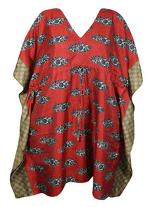  Boho Chic Kaftan Red, Floral Caftan Recycle silk, Lounge Wear, Housedress, Beach Coverup Dress L-2X