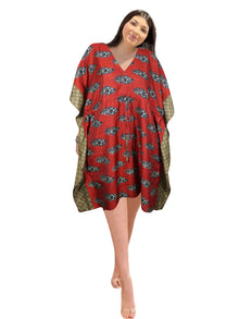  Boho Red Floral Kaftan – Recycled Silk Lounge Wear & Beach Coverup Dress  L-2X