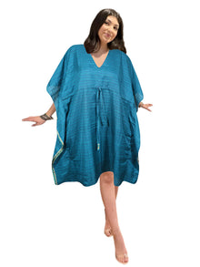  Boho Blue Paisley Kaftan – Stylish Recycled Silk Lounge Wear & Beach Coverup  L-2X