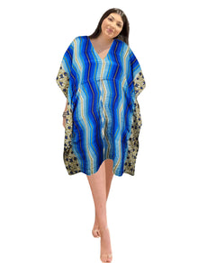  Women’s Boho Chic Blue Floral Kaftan – Recycled Silk  Elegant Housedress L-2X