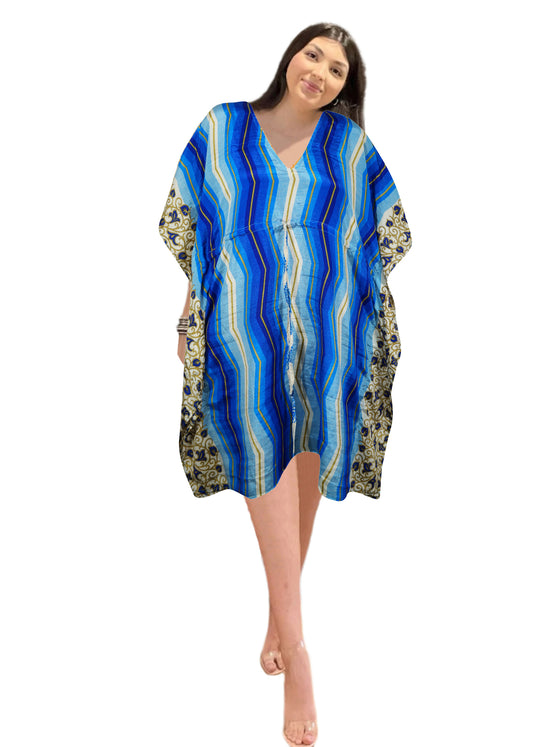 Women’s Boho Chic Blue Floral Kaftan – Recycled Silk  Elegant Housedress L-2X
