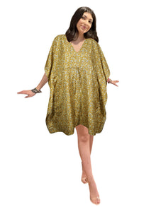  Women’s Boho Chic Gold Floral Kaftan – Recycled Silk Lounge Dress, Stylish Housedress & Versatile Beach Coverup  L-2X