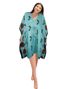  Women's Turquoise Blue Leaf Print Boho Short Kaftan – Handmade Summer Caftan Dress L-2X