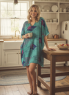 
Women’s Sea Green Floral Boho Short Kaftan – Handmade Summer Caftan Dress L-2X

