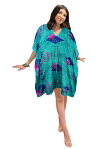  Women's Sea Green Floral Boho Short Kaftan – Handmade Summer Caftan Dress L-2X