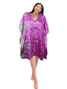  Women's Pink & Green Floral Boho Short Kaftan – Handmade Summer Caftan Dress L-2X