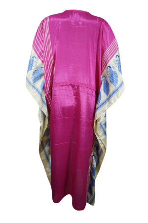 Womens Boho Maxi Kaftan, Pink Peacock Print Caftan, Housedress, Beach Coverup, Summer Caftan L-2X