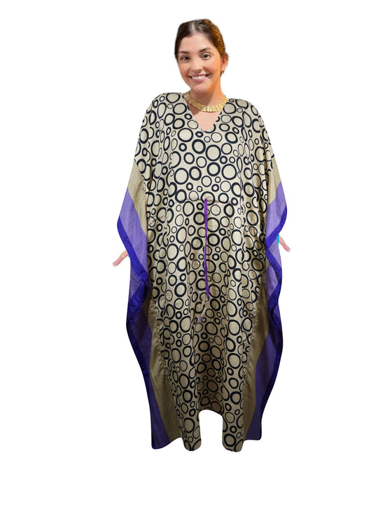 Women's Beige & Black Circle Print Boho Maxi Kaftan – Handmade Summer Caftan Dress L-2X