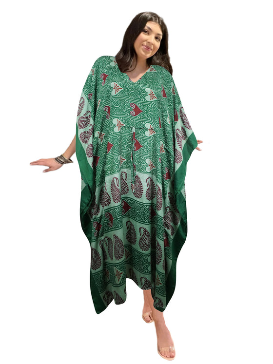 Women's Green Boho Maxi Kaftan – Handmade Summer Caftan Dress, Flowing Housedress L-2X