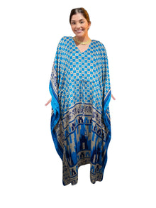  Women's Sky Blue Check Boho Maxi Kaftan – Handmade Summer Caftan Housedress L-2X