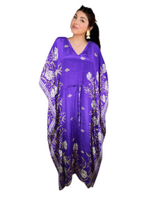  Women's Indigo & Purple Floral Boho Maxi Kaftan – Handmade Summer Caftan Dress L-2X