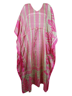 Boho Maxi Kaftan Pink, Beige Paisley Stylish Caftan Housedress Beach Coverup Summer Caftan L-2X