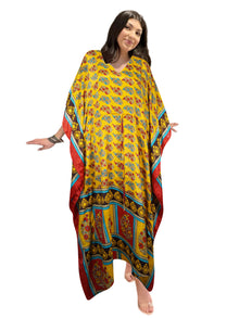  Women's Yellow & Red Paisley Boho Maxi Kaftan – Handmade Stylish Caftan Dress L-2X