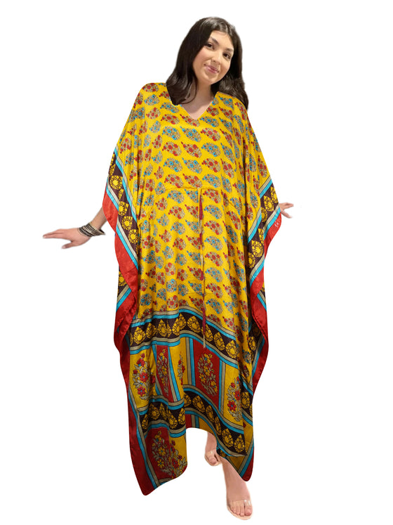 Women's Yellow & Red Paisley Boho Maxi Kaftan – Handmade Stylish Caftan Dress L-2X