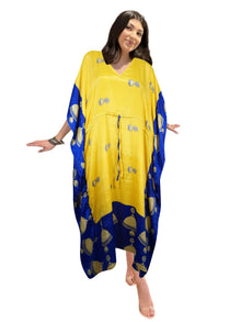  Women's Yellow & Blue Boho Maxi Kaftan – Artsy Handmade Caftan Dress L-2X