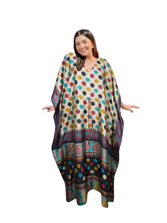 Women's Bohemian Colorful Polka Dot Maxi Kaftan – Handmade Flowing Caftan Dress L-2X