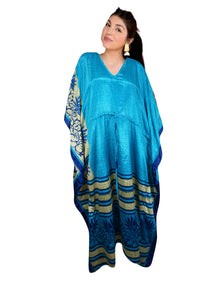  Women's Blue Lotus Silk Maxi Kaftan – Handmade Bohemian Caftan Dress for Beachwear L-2X