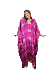  Women's Hot Pink Floral Palm Maxi Kaftan – Handmade Bohemian Caftan Dress for Beachwear,L-2X