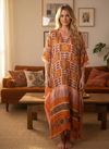 Women’s Pink Leaf Print Palm Maxi Kaftan – Handmade Bohemian Caftan Dress L-2X