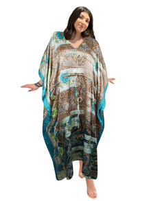 Women's Brown & Beige Floral Palm Maxi Kaftan – Handmade Bohemian Caftan L-2X