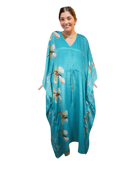 Women's Sky Blue Summer Daisies Maxi Kaftan – Handmade Bohemian Caftan L-2X