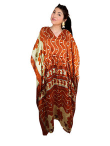  Women's Orange & Beige Floral Palm Boho Maxi Kaftan – Handmade Flowy Caftan L-2X