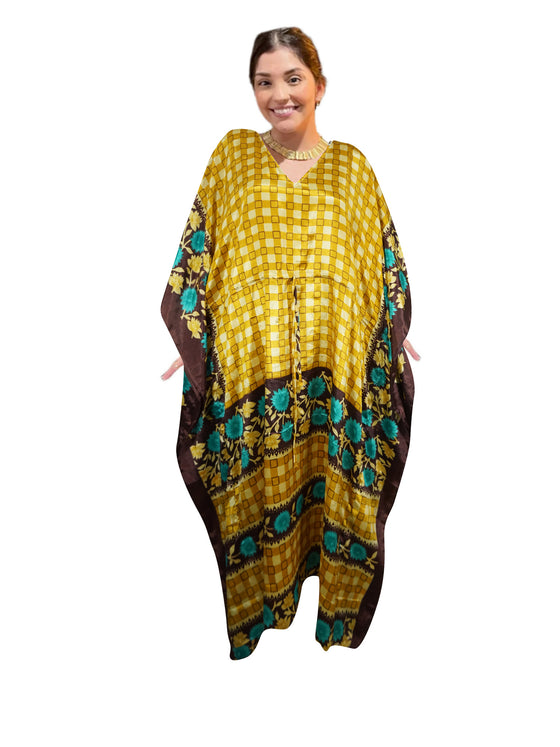 Women's Sunflower Yellow Silk Kaftan – Handmade Boho Maxi Dress & Beach Resort Wear L-2X