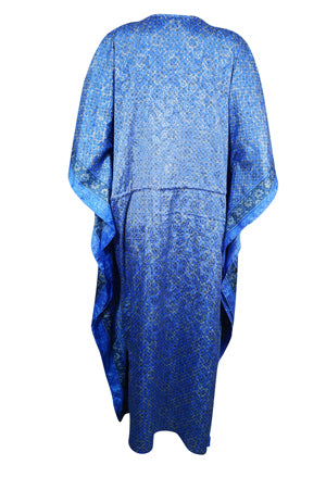 Boho Beach Kaftan, Violet Blue Floral Silk Caftans  L-2X