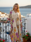 Women’s Summer Yellow & Pink Roses Maxi Kaftan – Handmade Boho Beach Caftan Dress  L-2X