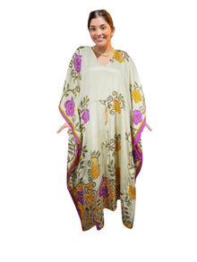 Women's Summer Yellow & Pink Roses Maxi Kaftan – Handmade Boho Beach Caftan  L-2X