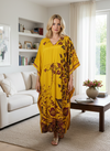 Women’s Tuscan Yellow Floral Silk Maxi Kaftan – Handmade Boho Dress L-2X