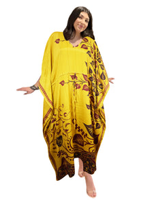  Women's Tuscan Yellow Floral Silk Maxi Kaftan – Handmade Boho Beach Caftan L-2X