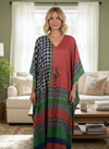 Women’s Red & Green Check Silk Maxi Kaftan – Handmade Festive Boho Beach Caftan L-2X
