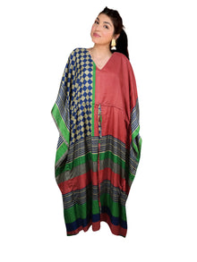  Women's Red & Green Check Silk Maxi Kaftan – Handmade Festive Boho Beach Caftan L-2X