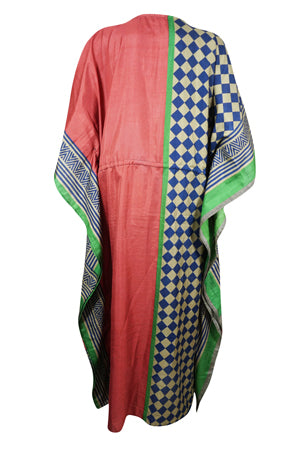 Festive Boho Beach Kaftan, Red, Green Check Silk Caftan Maxi Dress L-2X