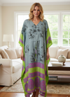 Women’s Gray & Green Silk Maxi Kaftan – Handmade Boho Beach Dress L-2X