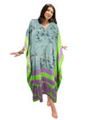 Women's Gray & Green Silk Maxi Kaftan – Boho Beach Dress, Handmade Resort Wear L-2X