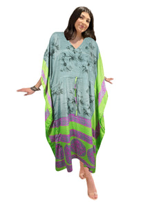  Women's Gray & Green Silk Maxi Kaftan – Boho Beach Dress, Handmade Resort Wear L-2X