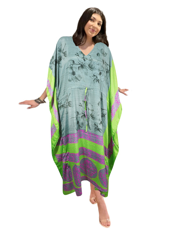 Women's Gray & Green Silk Maxi Kaftan – Boho Beach Dress, Handmade Resort Wear L-2X