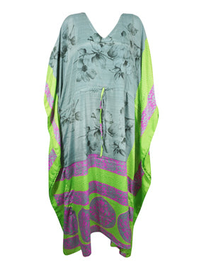 Boho Beach Maxi Dress Kaftan, Gray, Green Floral Silk Kaftan, L-2X