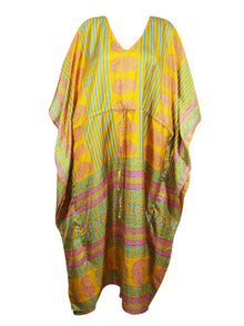  Beach Coverup Maxi Kaftan Yellow Floral Silk Caftan Dress, L-2X