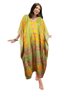  Women's Yellow Floral Silk Maxi Kaftan – Boho Beach Cover-Up Caftan Dress  L-2X