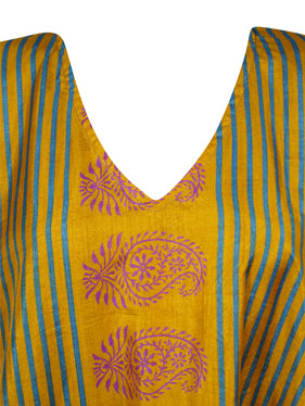 Beach Coverup Maxi Kaftan Yellow Floral Silk Caftan Dress, L-2X